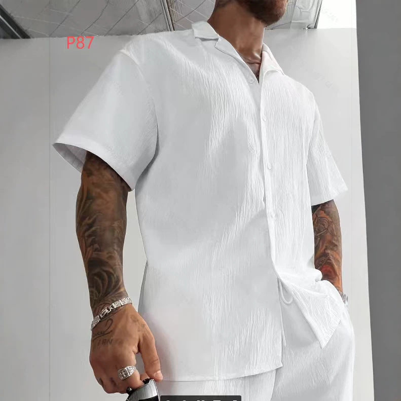 Solid-color Casual Short-sleeve Cardigan Shirt Mens Top