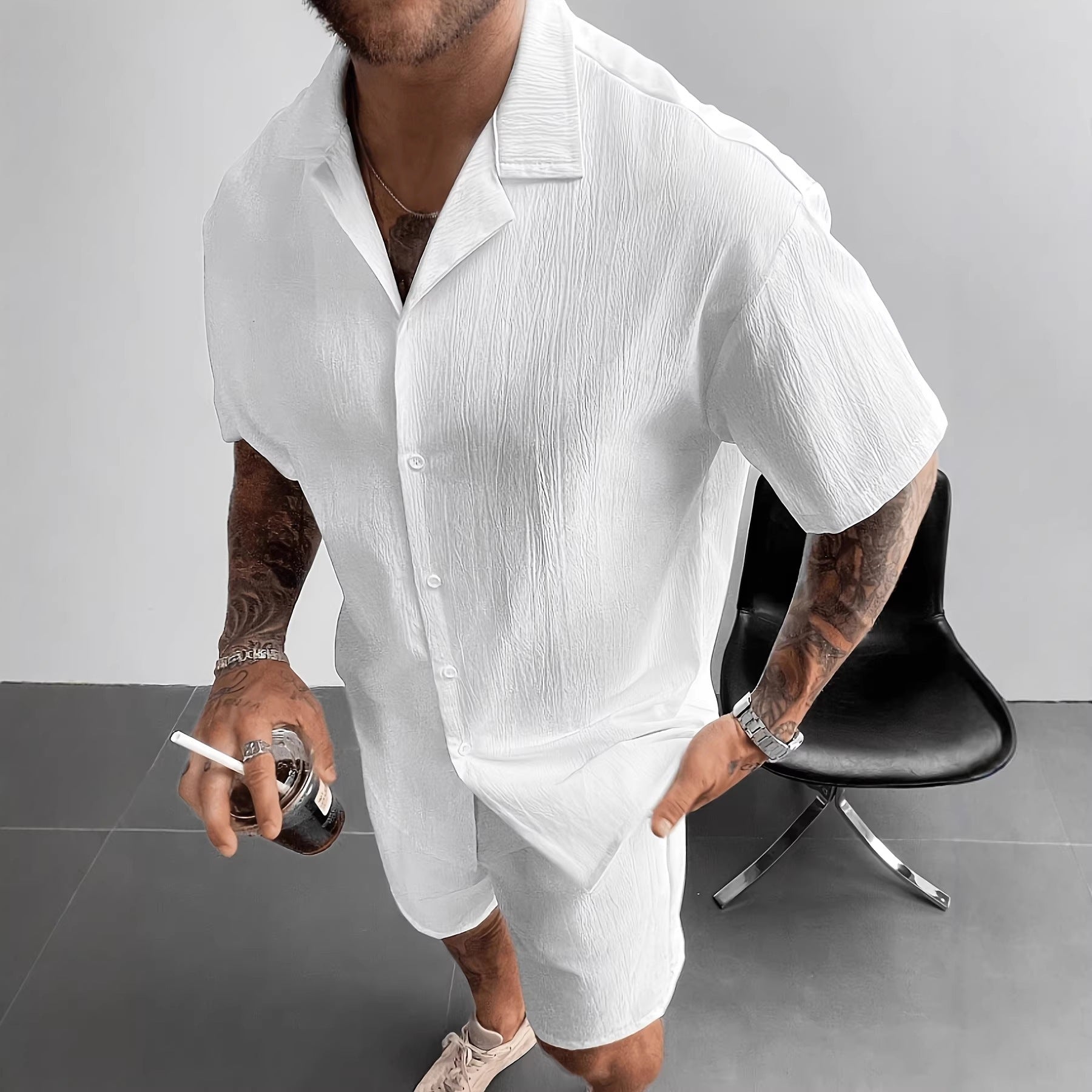 Solid-color Casual Short-sleeve Cardigan Shirt Mens Top