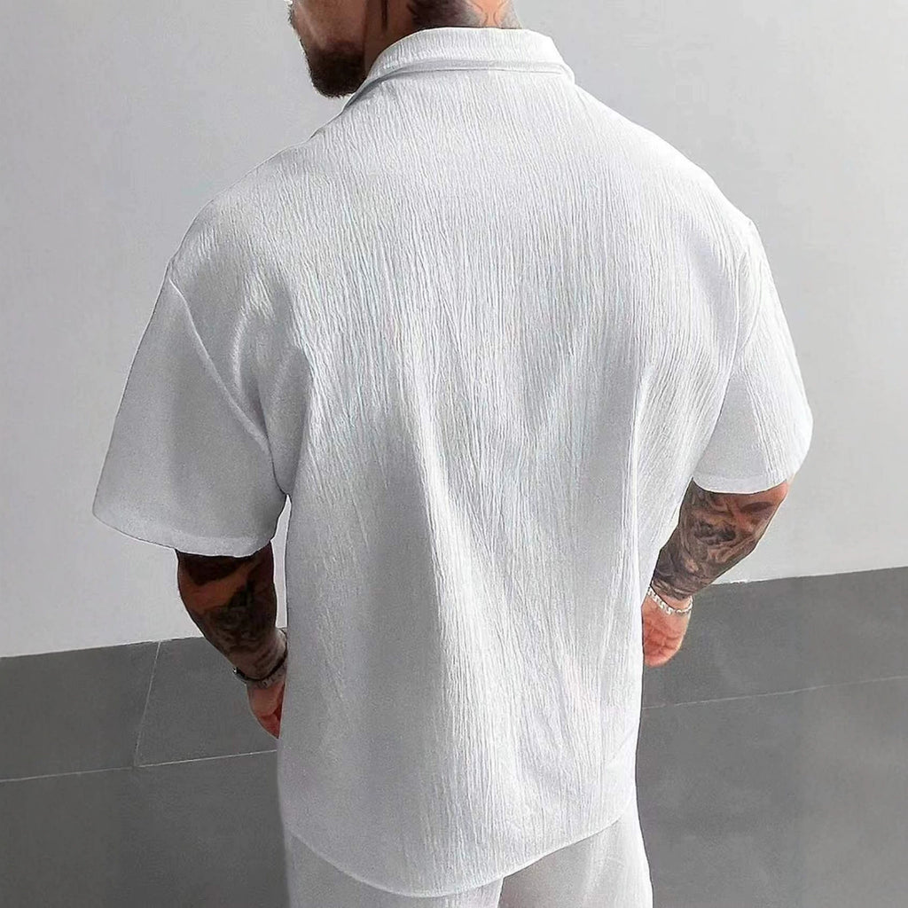 Solid-color Casual Short-sleeve Cardigan Shirt Mens Top