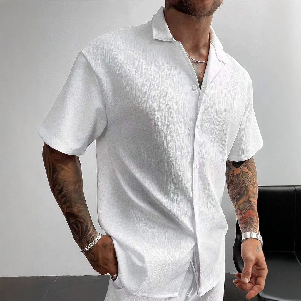 Solid-color Casual Short-sleeve Cardigan Shirt Mens Top