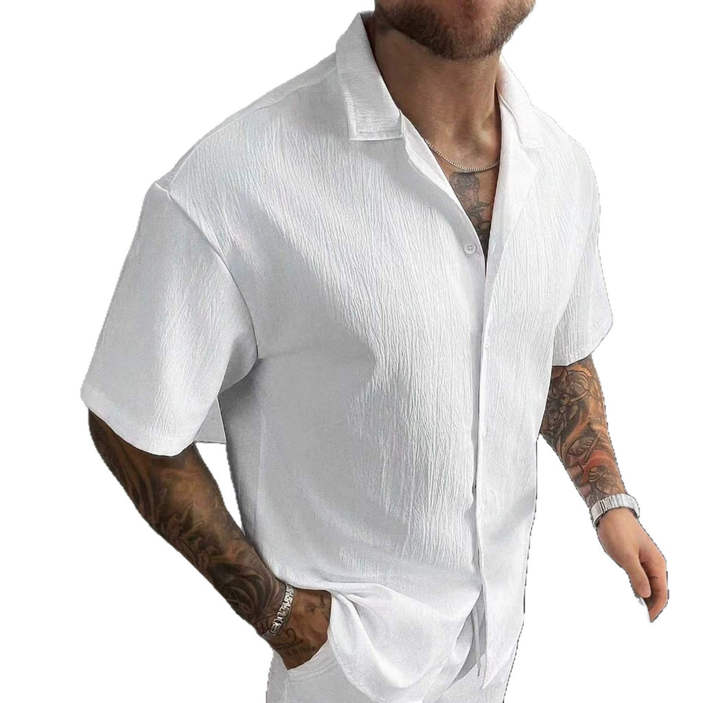 Solid-color Casual Short-sleeve Cardigan Shirt Mens Top